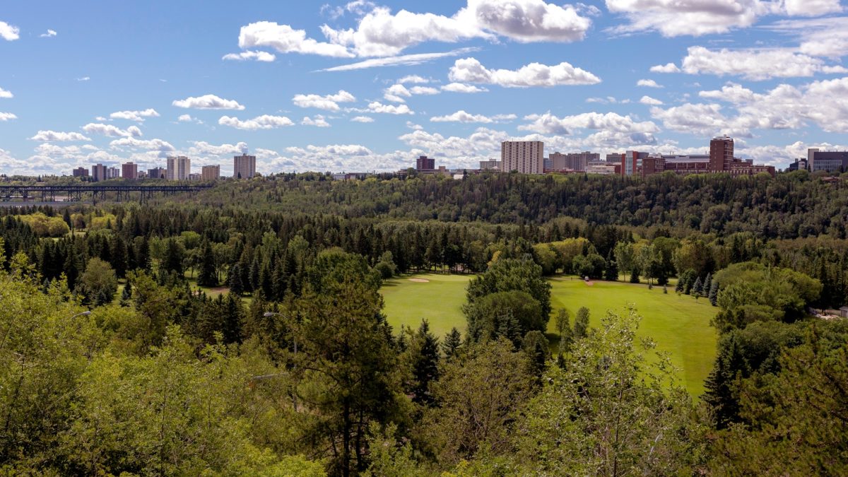 City of Edmonton in Canada, view from the North Saskatchewan River and William Hawrelak Park in foreground City of Edmonton in Canada, view from the North Saskatchewan River and William Hawrelak Park in foreground